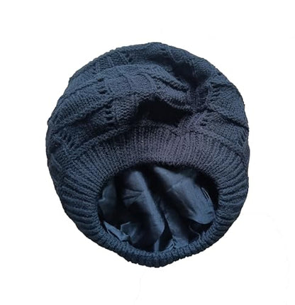 Women's Satin Lined Knitted Beret Ladies Winter Autumn Warm and Soft Beanie Hat Solid Color