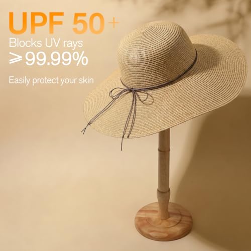 Women's Sun Straw Hat Wide Brim Floppy Foldable Hats Beach Travel Summer Vacation Hat UPF 50+ - color: Khaki