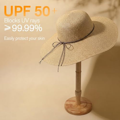 Women's Sun Straw Hat Wide Brim Floppy Foldable Hats Beach Travel Summer Vacation Hat UPF 50+ - color: Khaki