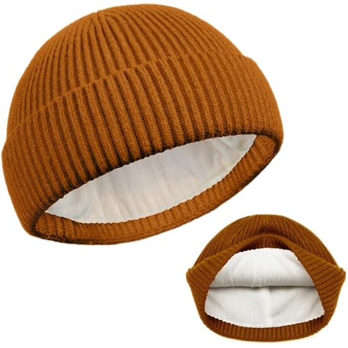 ROYBENS Swag Wool Knit Cuff Short Fisherman Beanie for Men Women Winter Hat - color: 1pcs-camel-thick Double Layer