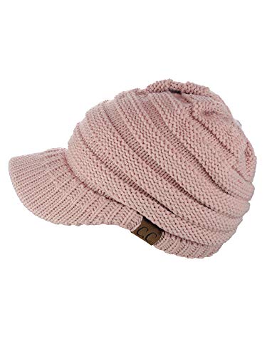 C.C Warm & Thick Cable Knitted Brim Visor Beanie Cap - color: Indi Pink