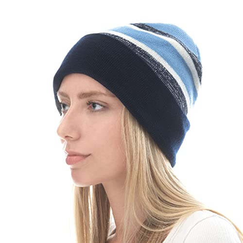 Winter Knit Beanie Hat with Pom Pom – Warm Cuffed Slouch Ski Cap for Men & Women - color: 2.navy and Sky Blue