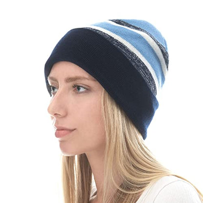 Winter Knit Beanie Hat with Pom Pom – Warm Cuffed Slouch Ski Cap for Men & Women - color: 2.navy and Sky Blue