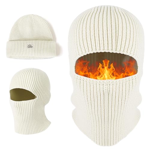 TAGVO Balaclava Ski Ful Face Mask, Thermal Knitted Motorcycle Beanie Hood Hat Neck Warmer Balaclava for Man Women - color: White