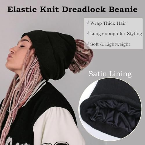 Ababalaya Unisex Satin Lined Knit Open Beanies Rasta Beanie - color: A-black