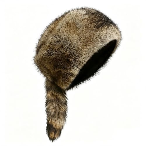 Raccoon Tail Parent-Child Plush Hat Warm Faux Fur Animal Hat with Tail - color: Adult Brown Without Pompoms