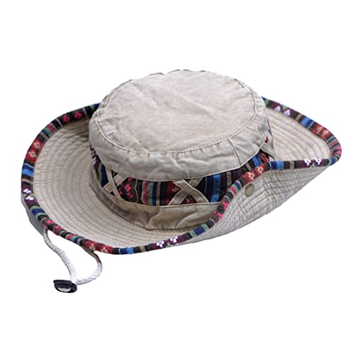 Bucket Hat for Men and Women, Wide Brim Floral Adjustable UV Protection Fishing Washed Sun Hats, Cowboy Hat - color: Beige