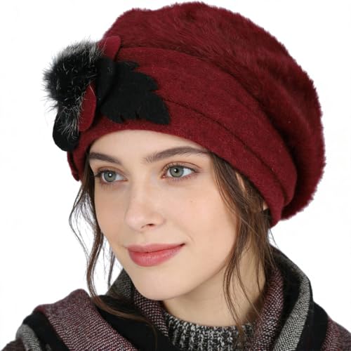 Women’s Vintage Wool Beret Winter Hats Elegant French Beret Beanie Dress Hat for Ladies - color: Br022-claret