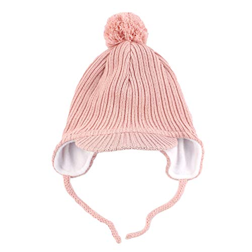 Toddler Fleece Beanie Winter Hat with Ear Flaps Baby Knit Hat with Visor - color: Pink, size: 0-12 Months