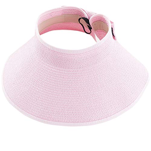 Womens Foldable Straw Sun Visor, Packable Roll‑Up Beach Hat with Wide Brim - color: Pink