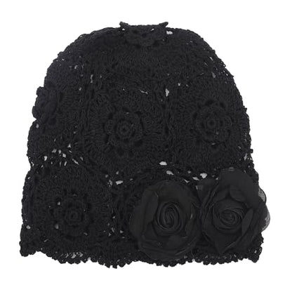 ZLYC Women Cotton Crochet Slouchy Beanie Hat Handmade Knit Summer Skull Cap - color: Decorative Flowers Black