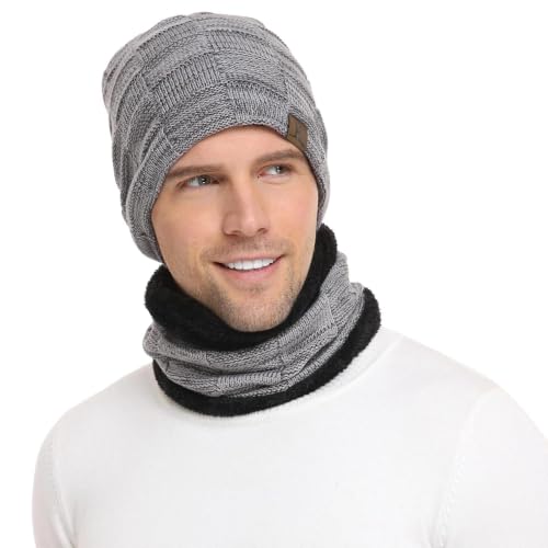 FZ FANTASTIC ZONE Men's Winter Beanie Hats Neck Warmer Warm Infinity Scarf - color: Grey