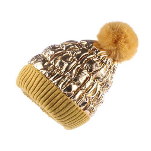 WITHMOONS Winter Pom Beanie Shiny Metallic Fleece Knit Hat Slouchy Cap YZP0255 - color: Gold