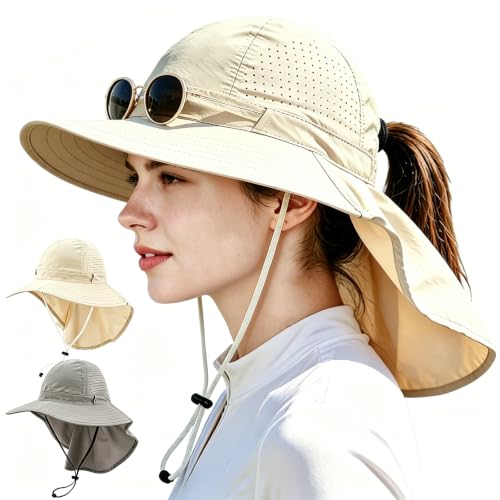 2Pack Sun Hat for Men Women with Neck Flap - color: 2pcs-beige&light Gray