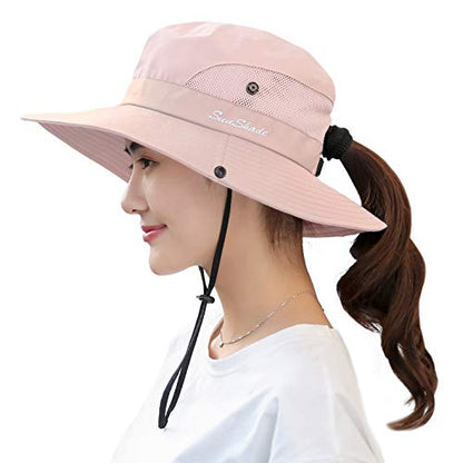 Muryobao Women's Ponytail Sun Hat UV Protection Foldable Mesh Wide Brim Beach Fishing Hat - color: Pure Pink