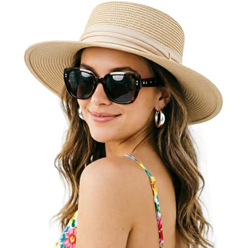 DRESHOW Women Straw Panama Hat Travel Fedora Beach Sun Hat Summer Wide Brim Straw Roll up Hats UPF 50+ - color: 1 Pack Boater Hat: Light Beige With Beige Band