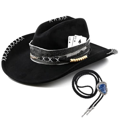 Black Cowboy Hat for Men Women Felt Western Hat with Blue Stone Necklace