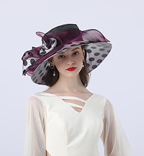 ORIDOOR Women's Organza Cloche Bowler Hat Derby Fascinator for Tea Party Bridal Wedding Hat - color: A1- Purple Red