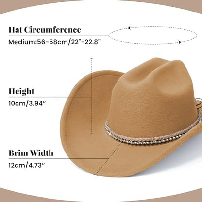 Cowboy Hats for Women and Men with Wide Brim Felt Western Hats for Cowgirls and Cowboys - color: Camel