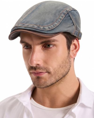 ZLYC Men Cotton Flat Cap Summer Scally Newsboy Beret Driver Hat - color: Denim Faded Blue