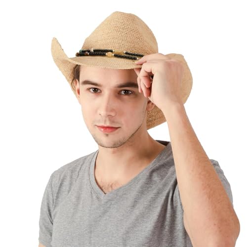 Raffia Straw Cowboy Hat,Women's Crocheted Summer Straw Hats, Classic Beach Sun Hats - color: New Natural, size: Large