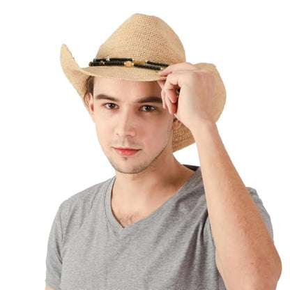 Raffia Straw Cowboy Hat,Women's Crocheted Summer Straw Hats, Classic Beach Sun Hats - color: New Natural, size: Large