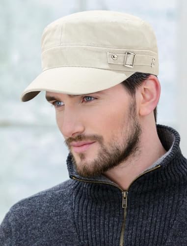 2 Pack Cadet Army Caps Flat Top Military Hats for Men Women - color: Beige With Buckle