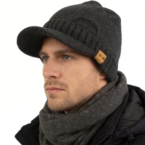 Winter Beanie with Visor - Stylish Knit Hat with Bill - Thick Brimmed Beanies with Fleece Lining Men and Women - color: B327-grey