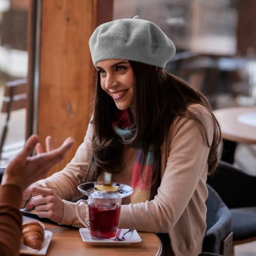 Lanzom Wool Blend Women Beret Hat French Beret Cap Winter Fashion Solid Color Hat for Women Girls Lady - color: Light Grey