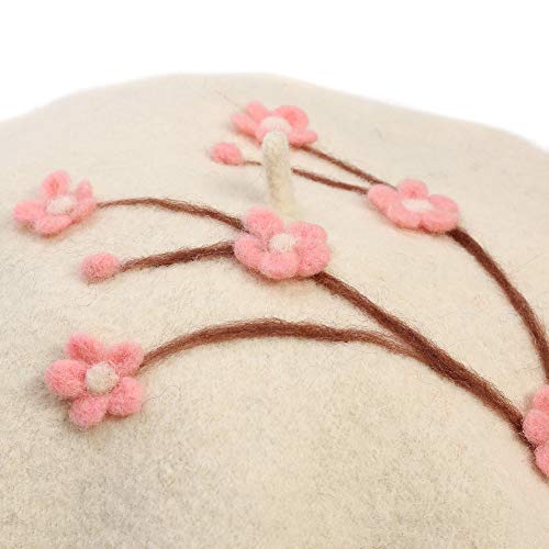 Handmade Wool Beret Hat French Style Needle Felt Flower Beanies Women Winter Autumn Cap - color: White Plum Pink Blossom, size: 7 1/8-7 3/8