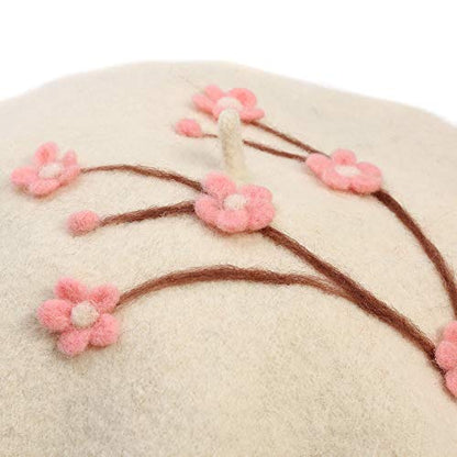 Handmade Wool Beret Hat French Style Needle Felt Flower Beanies Women Winter Autumn Cap - color: White Plum Pink Blossom, size: 7 1/8-7 3/8