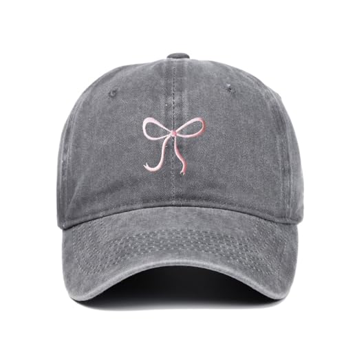 Bow-Tie Baseball Cap for Women Vintage Washed Cotton Adjustable Distressed Embroidered Dad Hat - color: Grey