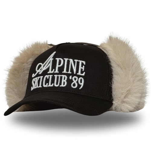 Vintage Fashion Trucker Hat | Men & Women | Trendy Cute Retro Red Caps for Country & Western | Camo Fur Cotton | Snapback - color: Alpine Ski Club | Black + Fur