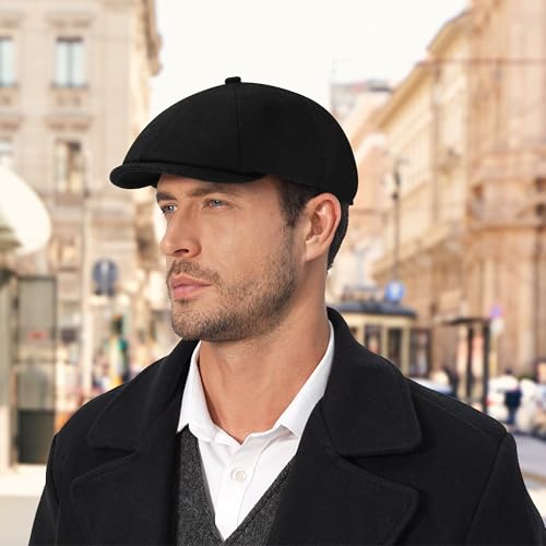 Men's Wool Blend Newsboy Cap Adjustable Gatsby Ivy Newsies Cabbie Hat Classic 8 Panel Tweed Flat Winter Hat - color: Pure Black, size: Medium