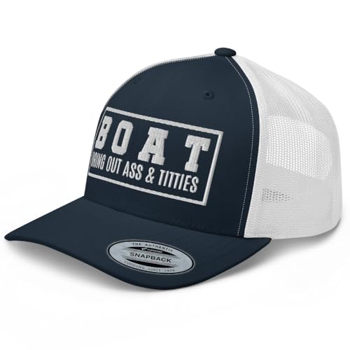NG Boat Bring Out Ass and Titties Curved Bill Trucker Hat Mid Crown Adjustable Funny Adult Humor Cap - color: Navy/ White