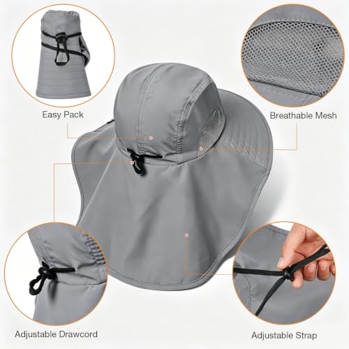 Solaris Small‑Head‑Fit Sun Hat with Neck Flap for Men & Women - color: #1 Gray, size: One Size