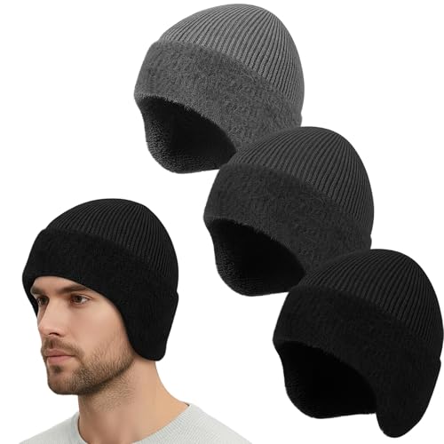 Bencailor 3 Pcs Knit Beanie Hats Winter Beanie with Earflap Black Gray Fleece Lined Hats for Men Women Warm Skull Cap Unisex Daily Headwear Winter Gifts