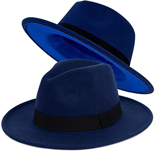 Trendy Fedora Hats for Men & Women Wide Brim Felt Hat Dress Panama Hat Two Tone Fedora - color: A Navy-blue, size: Large-X-Large