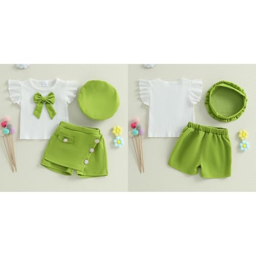 Baby Girls Fly Sleeve 3D Bow Rib Knit Shirt + Irregular Skorts + Beret Hat - color: Green, size: 2-3T