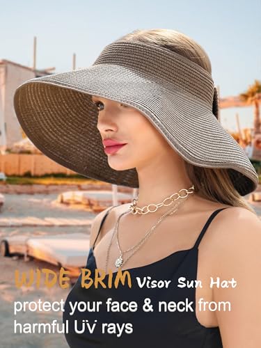 sy soul young Women's Straw Hat with Ponytail Hole Wide Brim Visor Sunhat - color: Coffee