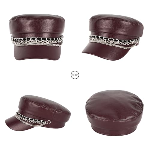 Women Metal Chain Flat Top PU Leather Newsboy Paperboy Hat Painter Cap - color: Chains Brown Red