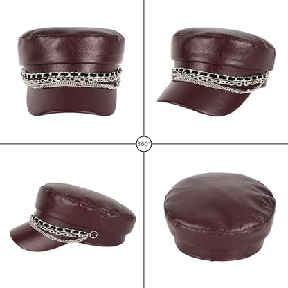 Women Metal Chain Flat Top PU Leather Newsboy Paperboy Hat Painter Cap - color: Chains Brown Red