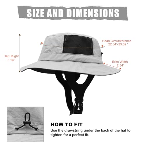 Surblue Surf Bucket Hat with Widened Chin Straps UPF 50+ Windproof Sun Hat Adjustable Packable Cap for Water Sports Surfing - color: Lightgray