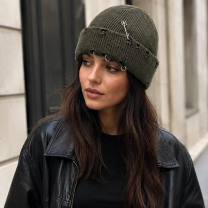 Distressed Ring Beanie Hat for Women Men Slouchy Skull Cap - color: Army Green
