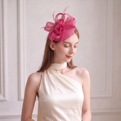 Flower Fascinator Hat Headband Clip for Women Tea Party - color: Fuschia-02