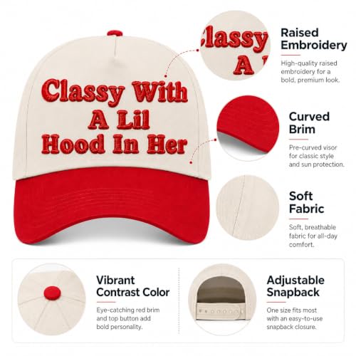 Embroidered Trucker hat for Women Men Baseball Hat Adjustable Unisex Cotton for Soccer Supporters - color: Classy With a Lil Hood in Her Red