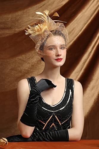 Fascinators Hat Feather Headband Women's Fascinators Tea Party Headwear with Clip Derby Hat for Girls and Women - color: 1 Gold