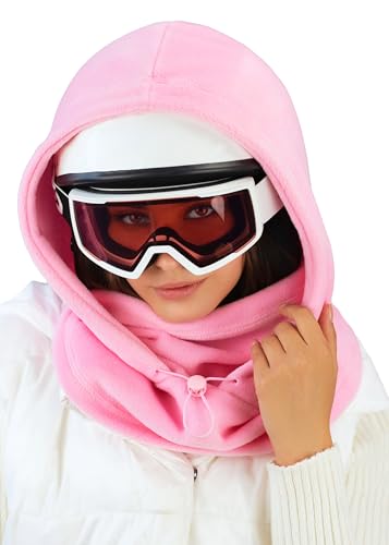 Fleece Balaclava Over Helmet - Warm Helmet Ninja Hood - Snowboard Hooded Hat Neck Gaiter Ski Mask - color: Pink, size: One Size