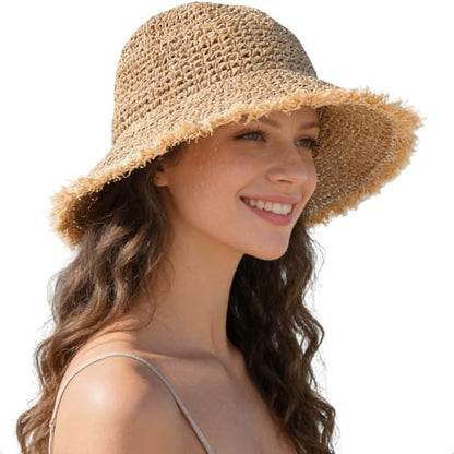 Women's Straw Bucket Sun Hat, Packable Floppy Wide Brim Beach Hat - color: Khaki