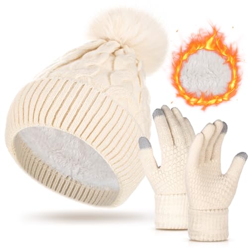 Womens Winter Fleece Lined Knitted Beanie Hat Glove Set, Warm Pom Pom Beanie Knit Cap Touchscreen Gloves for Women - color: Cream